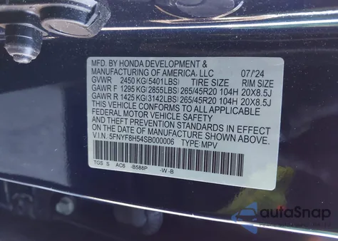 2025 Honda Passport Awd Ex-L z USA, uszkodzony, nr VIN 5FNYF8H54SB000006